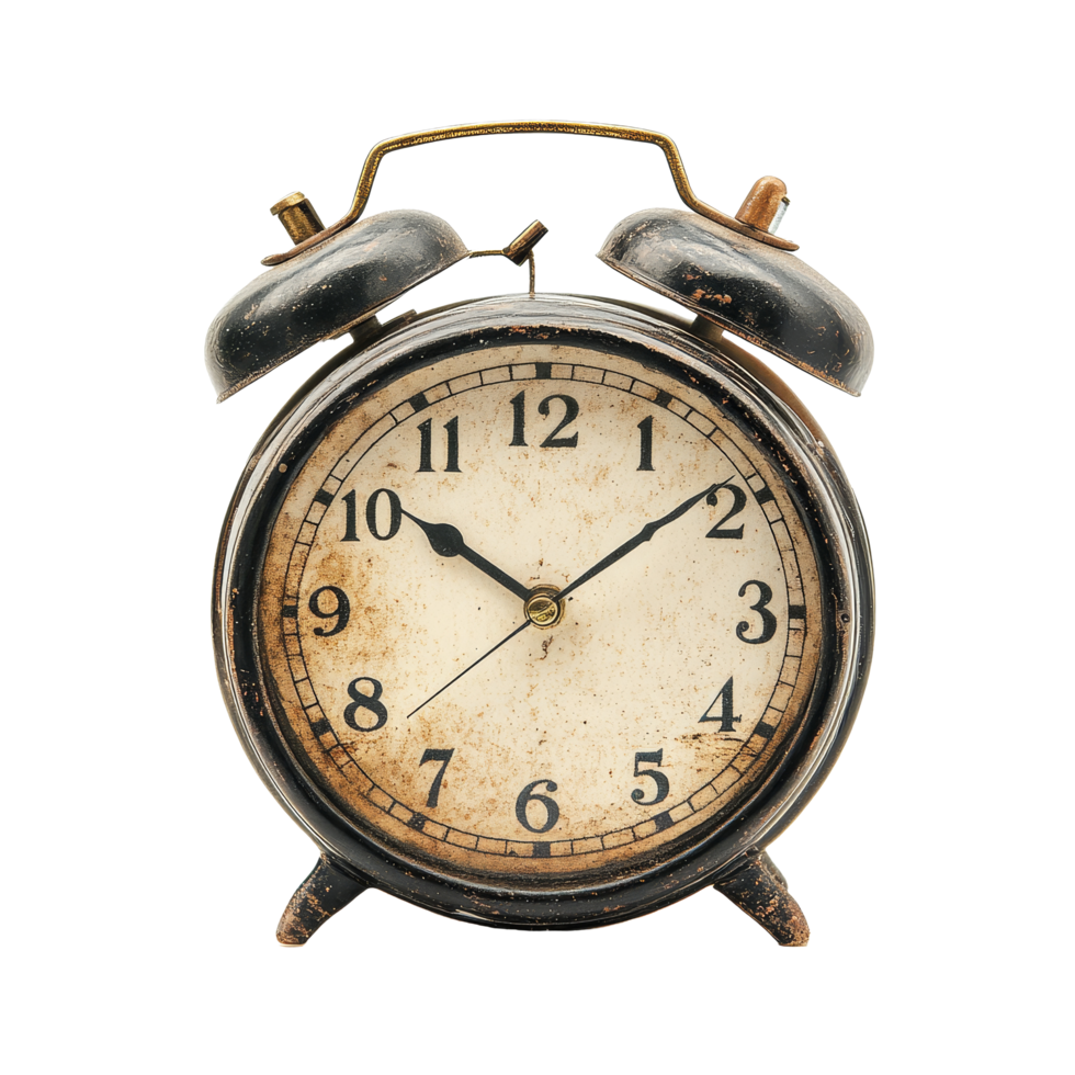 A classic vintage alarm clock with a worn face and jingling bells isolated on a transparent background showcasing timeless design, classic vintage alarm clock isolated on transparent background png