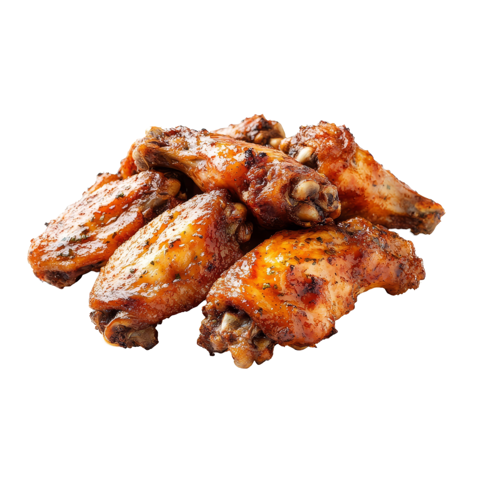 Deliciously cooked chicken wings arranged neatly on a transparent background, perfect for a savory meal or snack, Tasty chicken wings on a transparent background png
