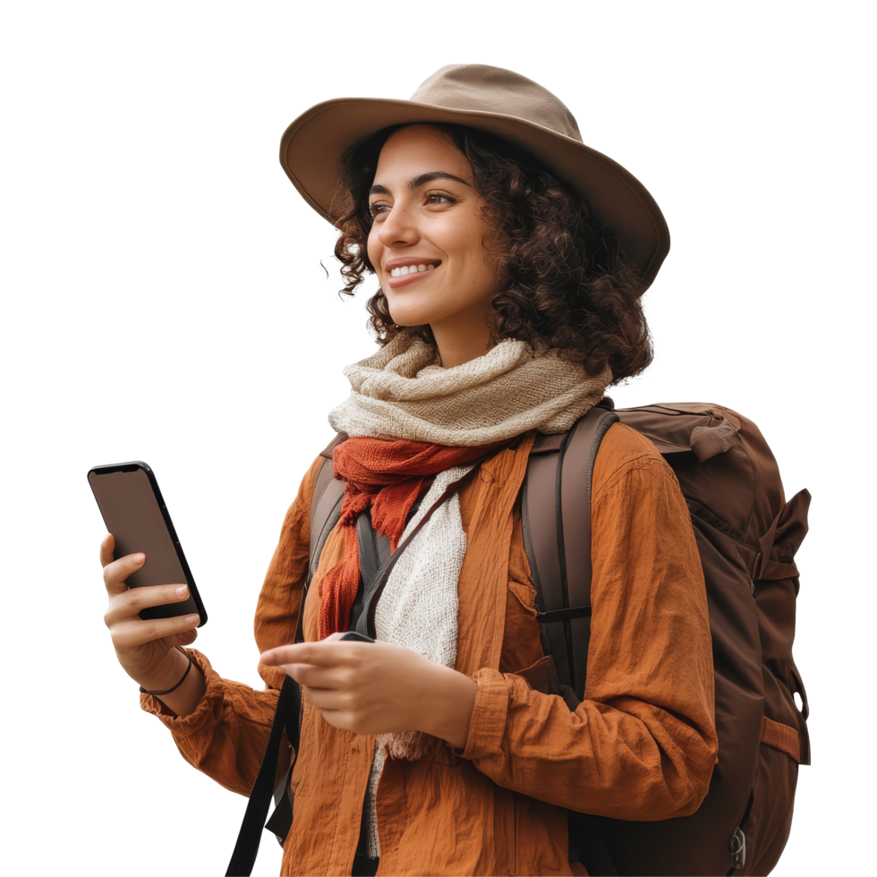 A joyful traveler woman exploring with a smartphone while wearing a hat and backpack in a vibrant outdoor setting, file no background Traveler woman holding a smartphone png