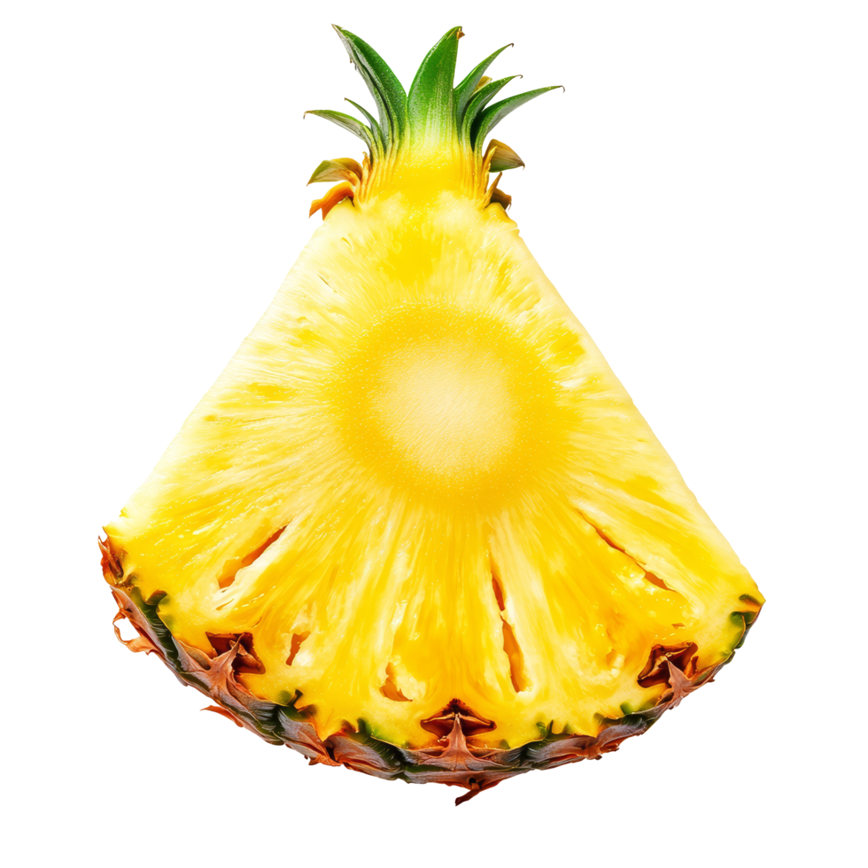 Fresh pineapple slice isolated on a clean transparent background with vibrant yellow flesh and green crown, Pineapple slice isolated on transparent background png