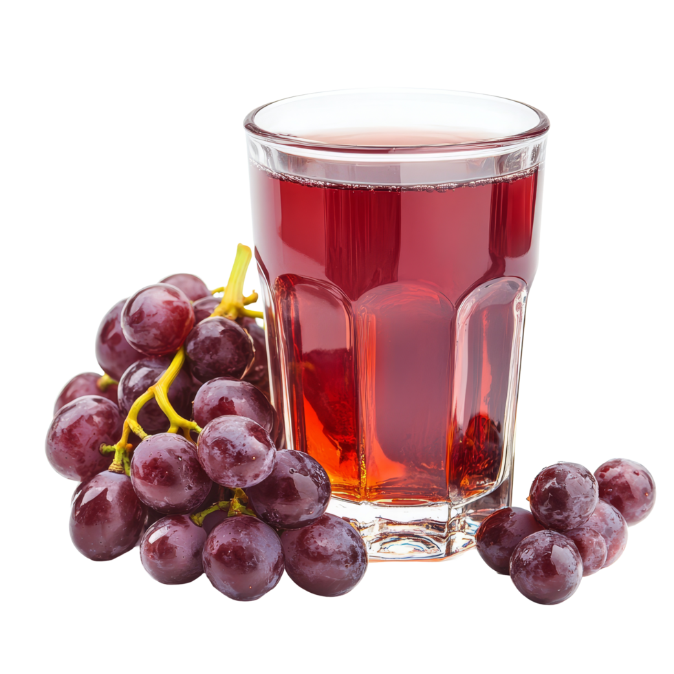 Freshly poured grape juice in a clear glass with ripe grapes on a transparent background, glass of grapes juice on transparent background png
