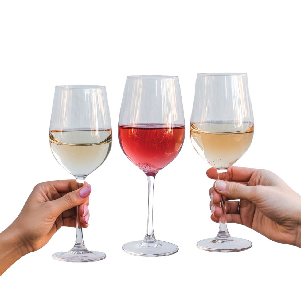 Toast with red, transparent, and rosa wine glasses held against a bright transparent backdrop during a festive gathering, Hand Holding Wine Glasses Red, transparent, and Rosa on transparent png