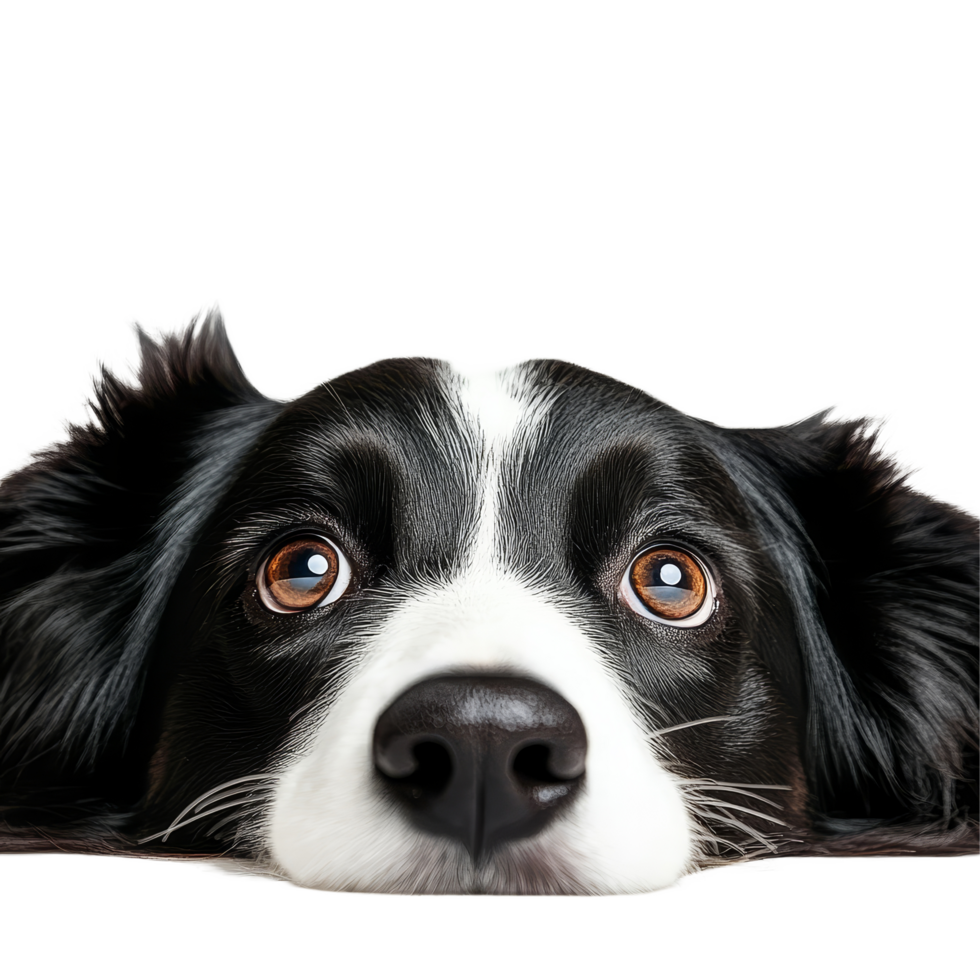 A Border Collie cleverly hiding and peeking out with curious eyes in a playful moment, Border Collie Hiding and Sneaking Head Out Isolated on transparent background png