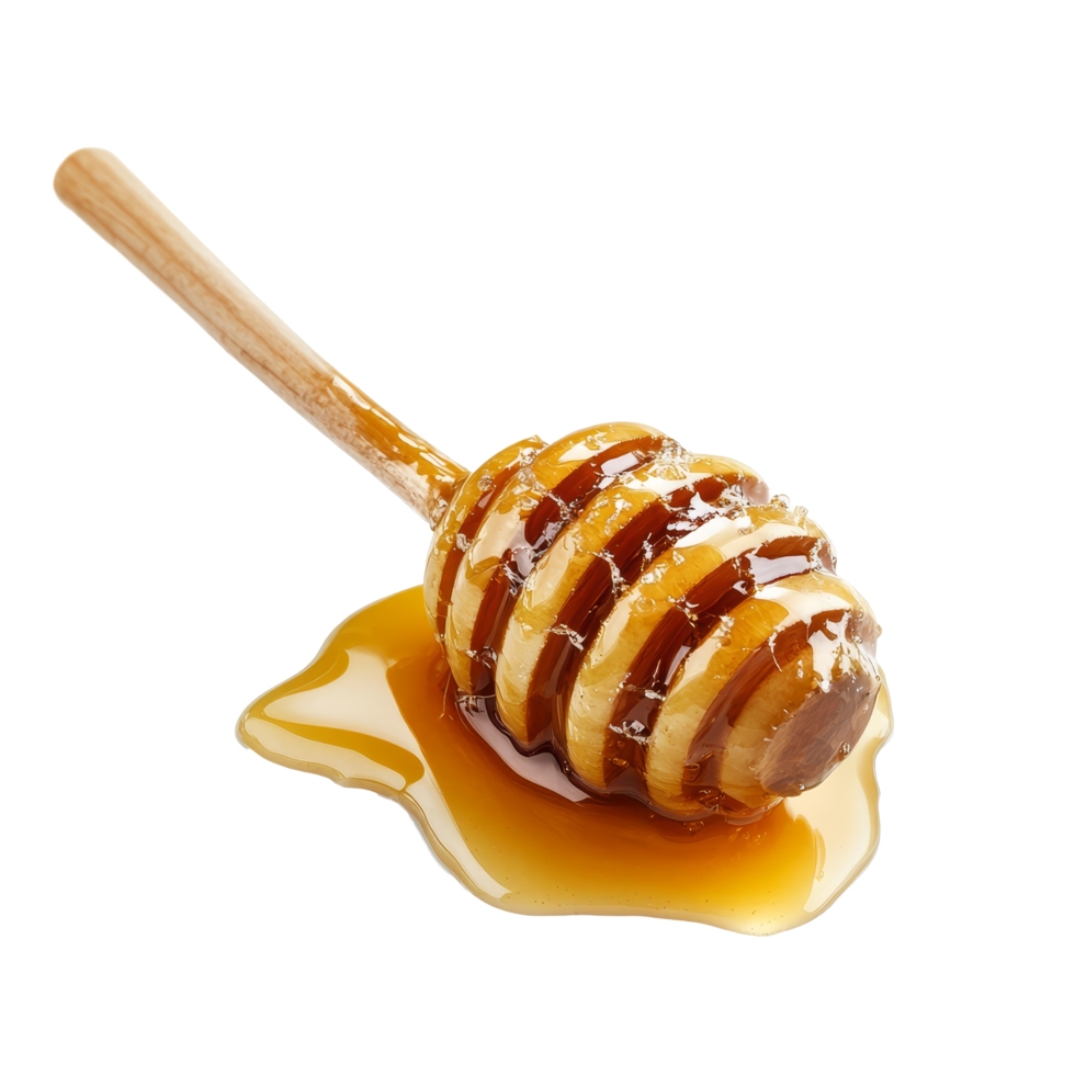 Delicious honey drizzled on a wooden dipper isolated on a clean transparent background, honey isolated on transparent background png