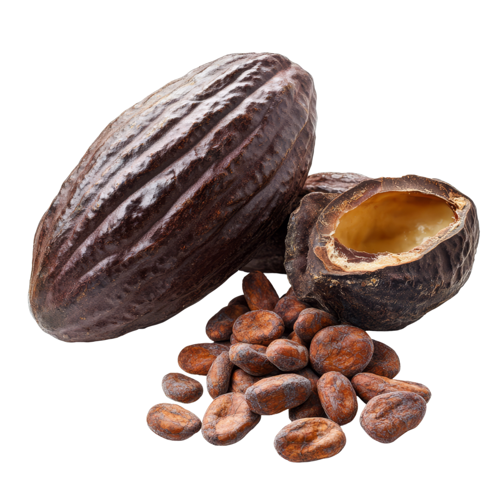 Fresh cocoa fruits and cacao beans on a clean transparent background showcasing their natural textures and colors, ripe cocoa fruits isolated on transparent background png