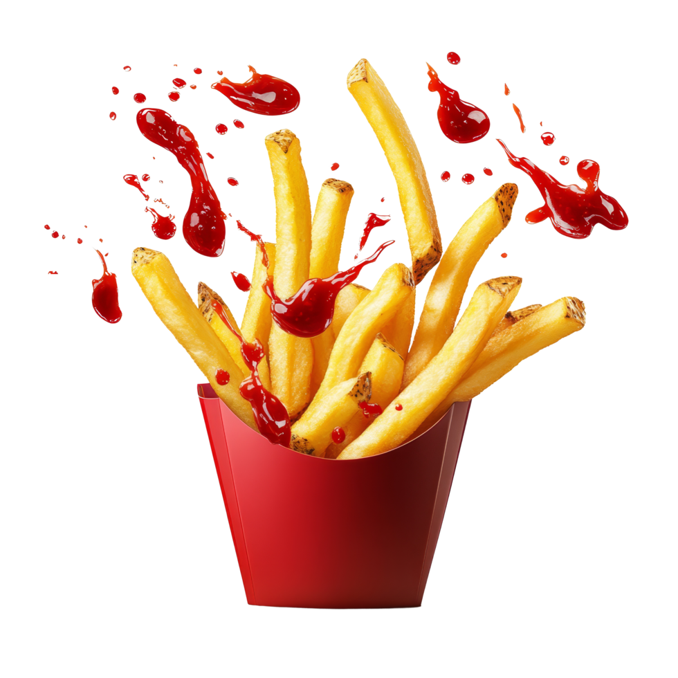 Flying french fries with a splash of ketchup in a bold, dynamic display against a clean background, Flying french fries with ketchup splash isolated png