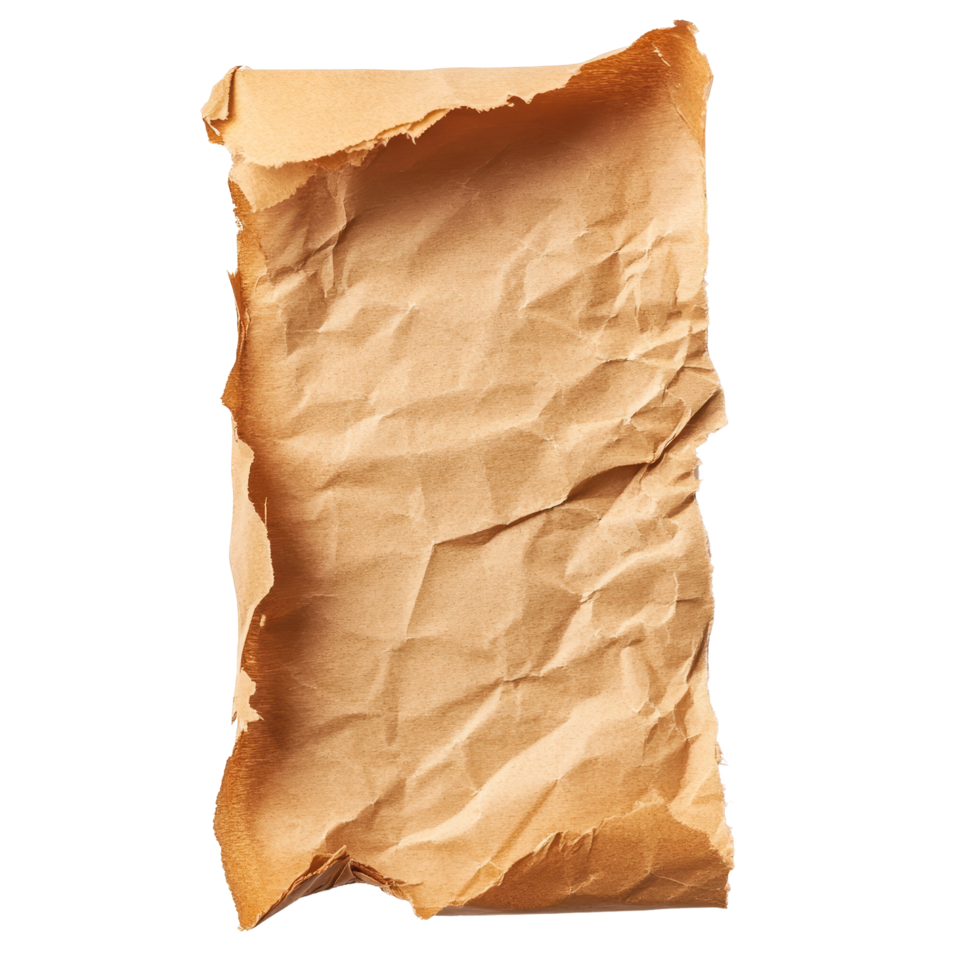 Torn open brown packing paper isolated on a transparent background showcasing crumpled texture and natural color, torn open brown packing paper isolated on transparent background png