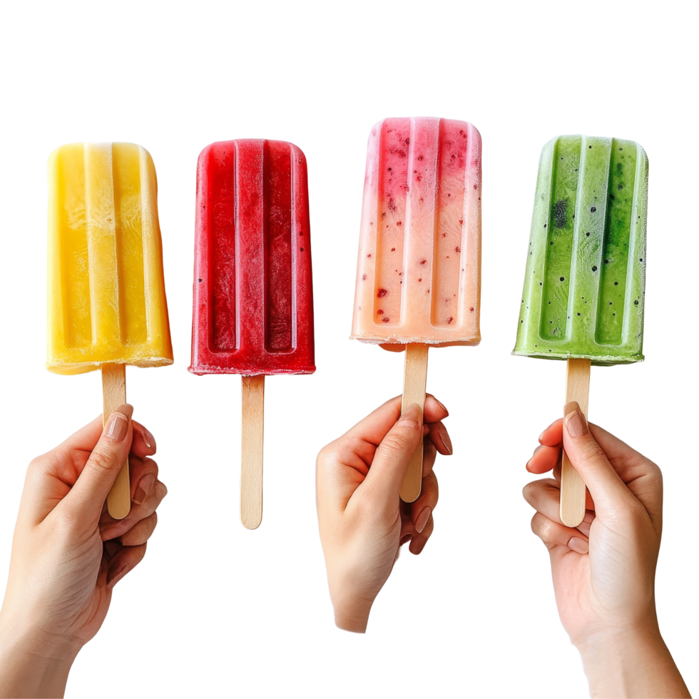 Colorful ice pops held by hands against a bright transparent background, perfect for summer enjoyment and refreshment, Ice Pops Held by Hands on transparent background png