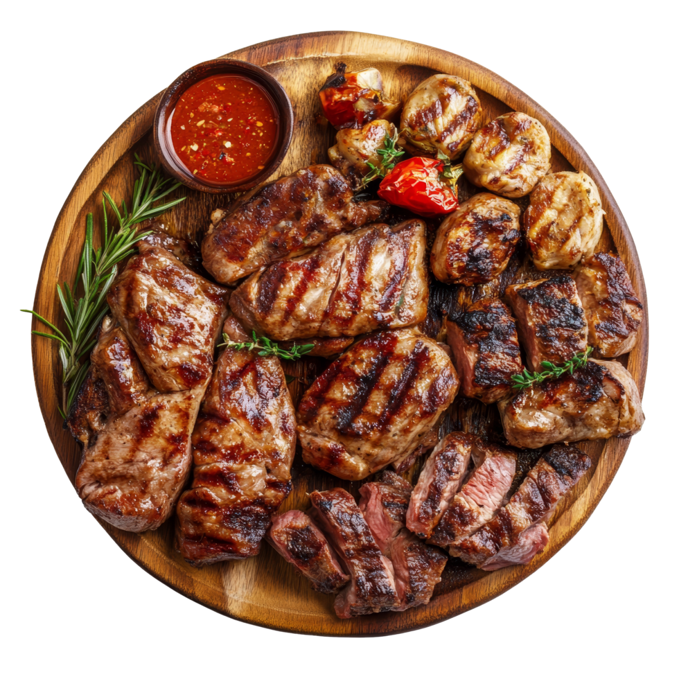 Delicious grilled meat platter featuring various cuts and accompaniments on a wooden board, Grilled meat cuisine top view isolated on transparent background png