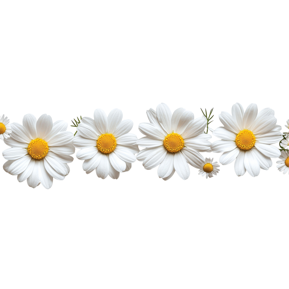 A row of vibrant transparent chamomile daisy flowers against a bright transparent background, showcasing their natural beauty, row of transparent chamomile daisy flowersfile of isolated object on png