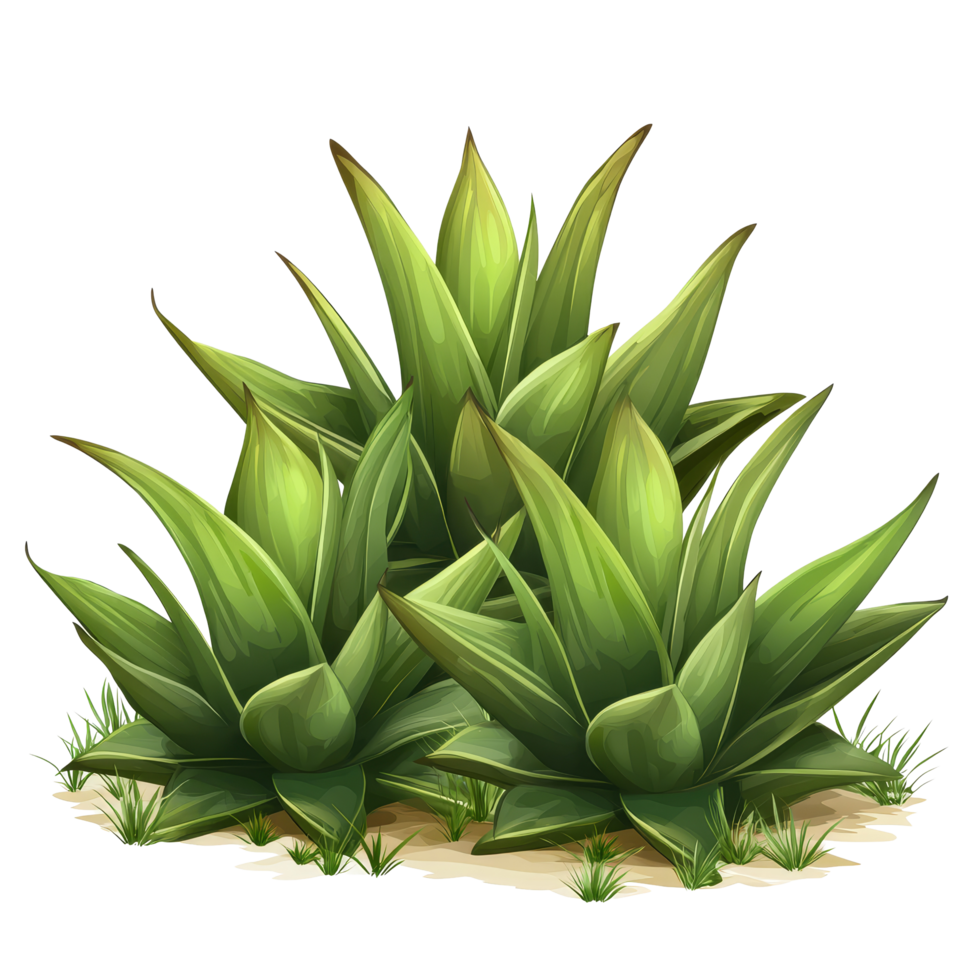 Three vibrant Agave bushes isolated on a transparent background, showcasing their unique foliage and shape, three Agave bushes, file of isolated object on transparent background png
