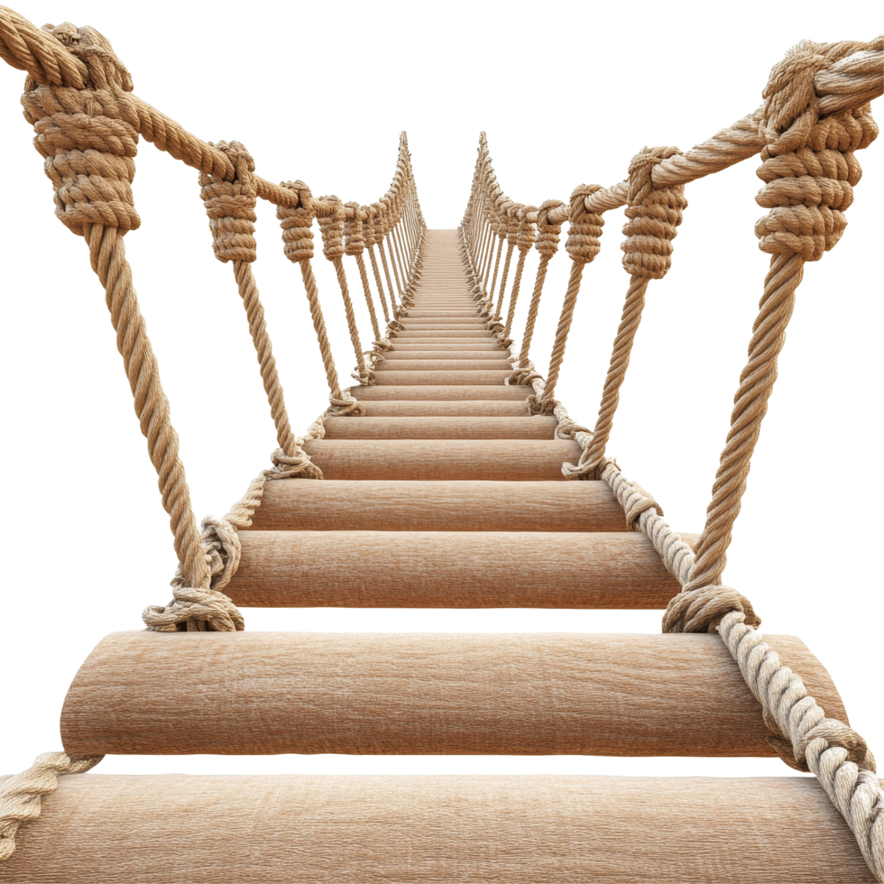 Rope bridge extending upwards towards a bright background, ideal for adventure or scenic exploration, Rope bridge isolated on transparent background png