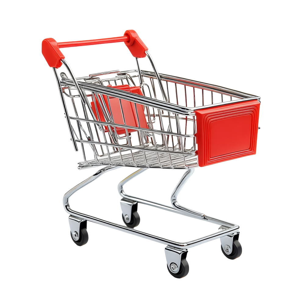 Shopping cart with red handle isolated on a transparent background for retail and marketing purposes, shopping cart with red handle isolated on transparent background png