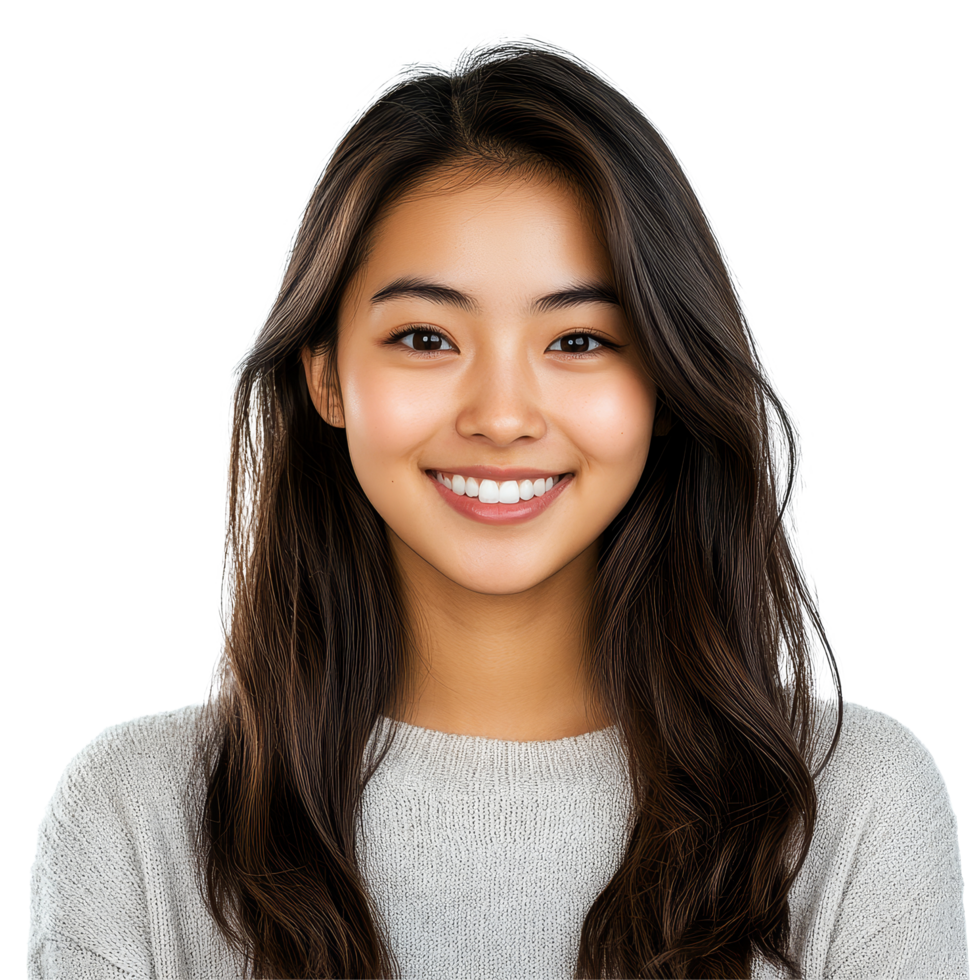 Happy Asian girl smiling at the camera with long hair in a cozy sweater indoors during bright daylight, Happy beautiful Asian girl looking at camera and smiling isolated on transparent background png