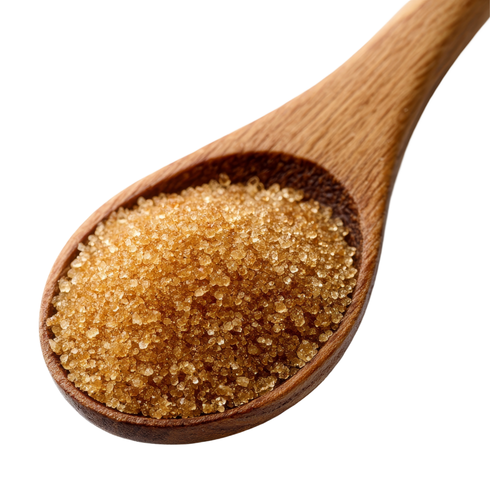 Brown sugar in a wooden spoon against a clean transparent background highlighting its rich color and texture, brown sugar in wood spoon isolated on transparent background png