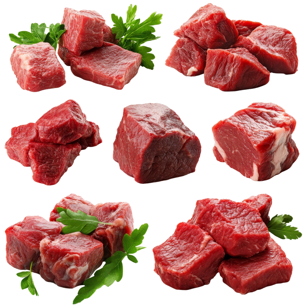 Collage of isolated raw beef meat pieces with fresh parsley arranged artistically on a transparent background for culinary presentations, Collage of isolated raw beef meat pieces png