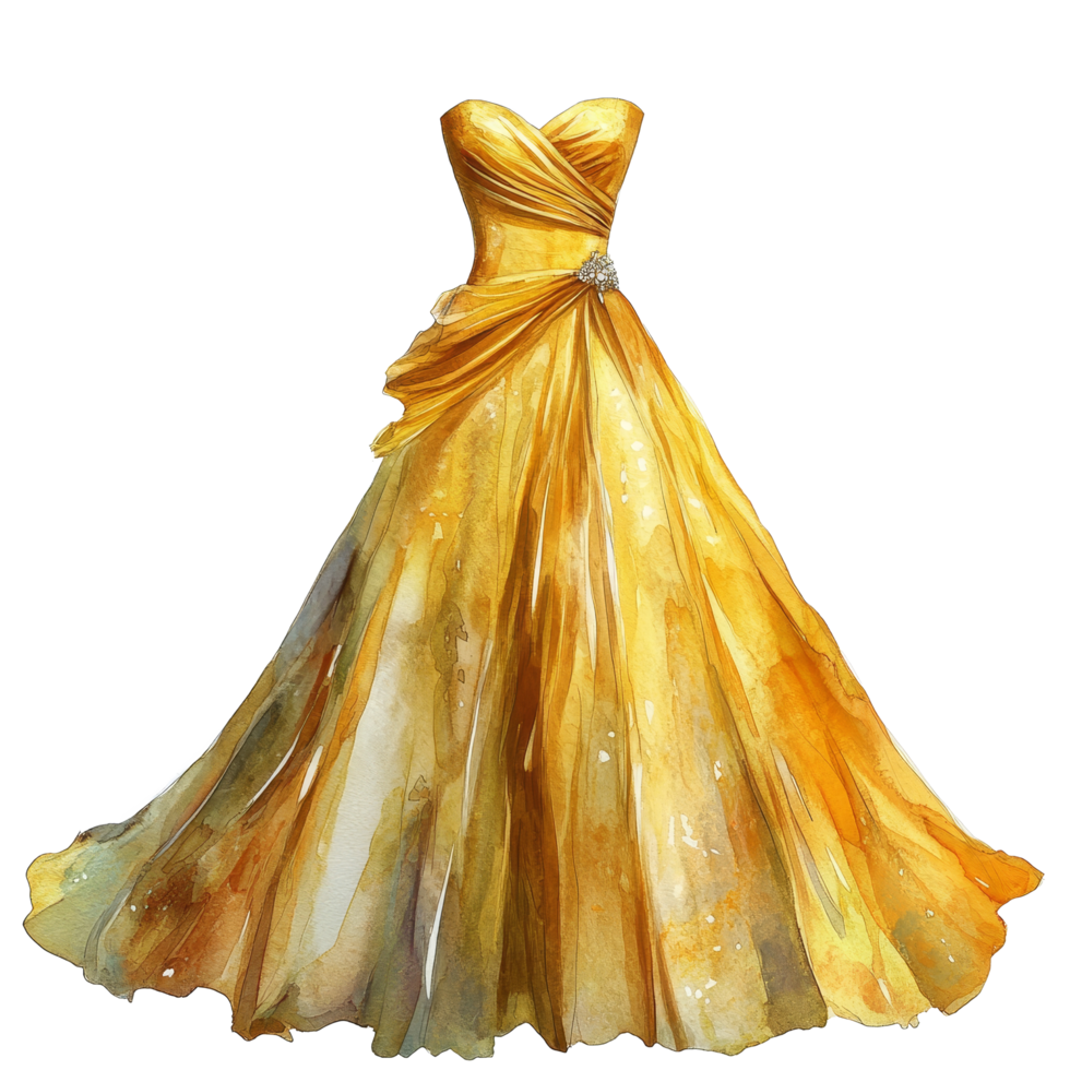 A stunning watercolor depiction of a womens golden dress with transparent details, Beautiful realistic womens golden dress on a transparent background. Gold gown transparent background png