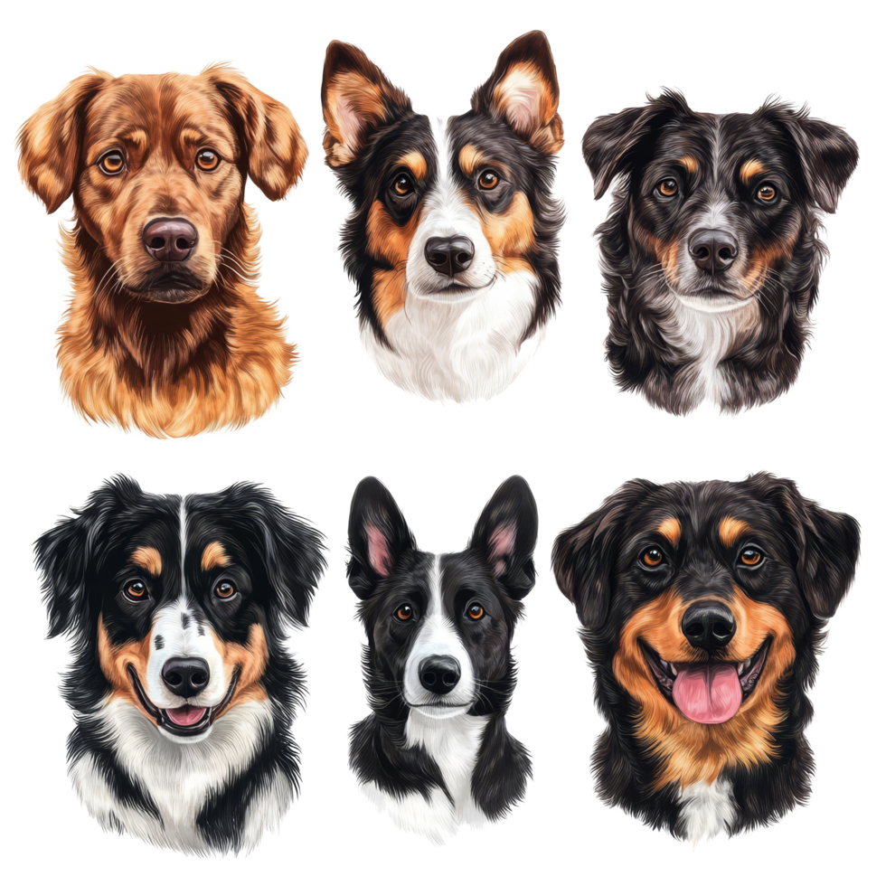 Five distinct dog head portraits featuring various breeds isolated against a transparent background, five different dog head portraits isolated on transparent background png