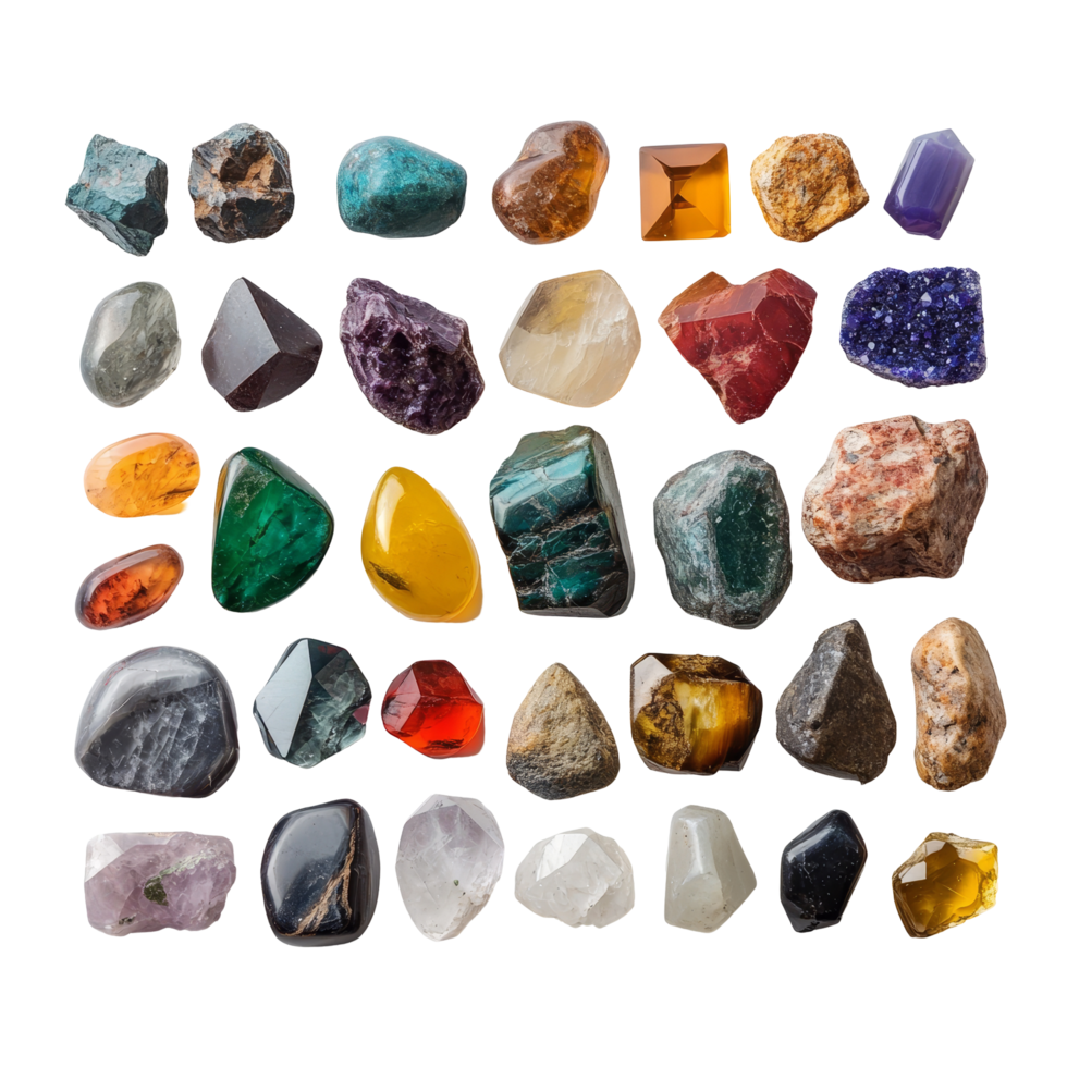 A colorful collection of gemstones arranged neatly on a transparent background showcasing natural beauty and variety, Gemstones transparent background png