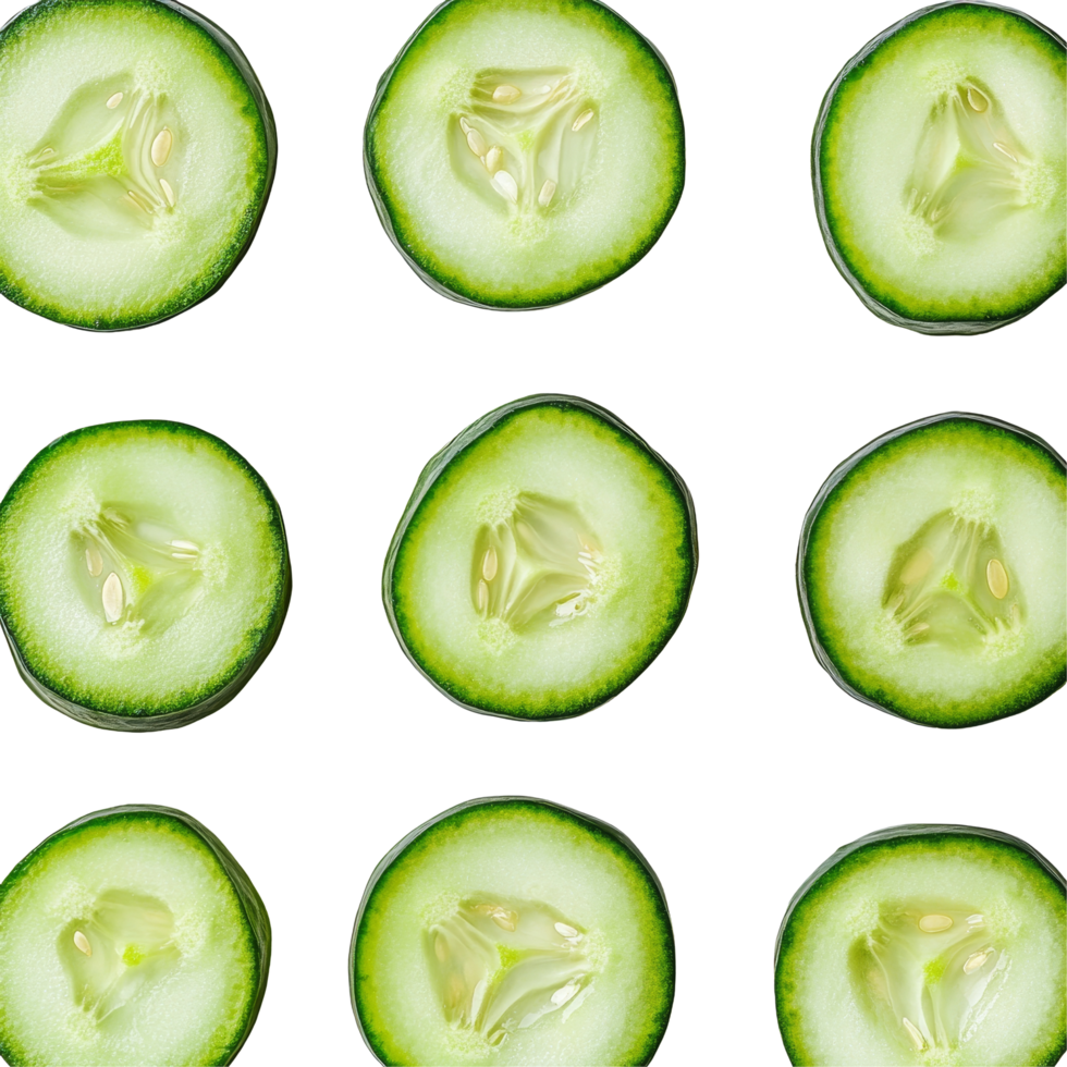Fresh cucumber slices arranged on a clean transparent background for culinary presentation or health recipes, Fresh slice cucumber on transparent background png