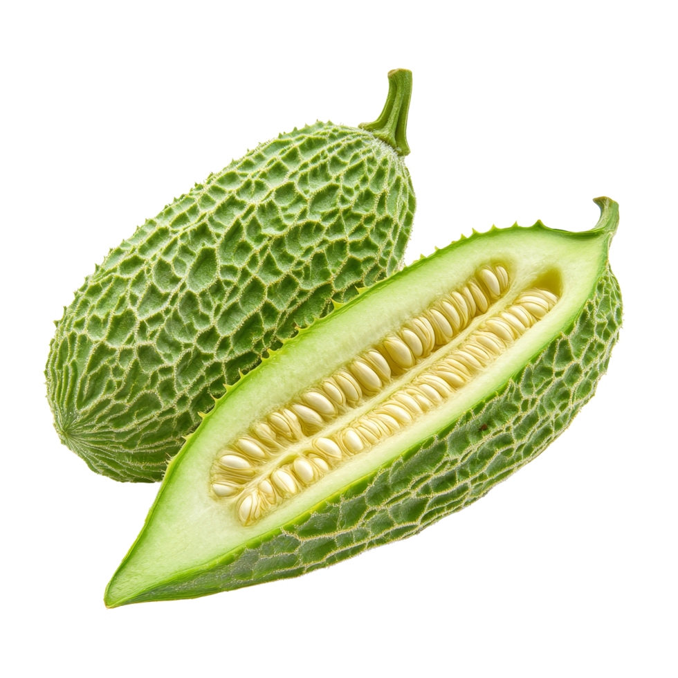 Closeup of Bittermelon on transparent, highlighting its unique texture and interior, Bittermelon isolated on transparent background png