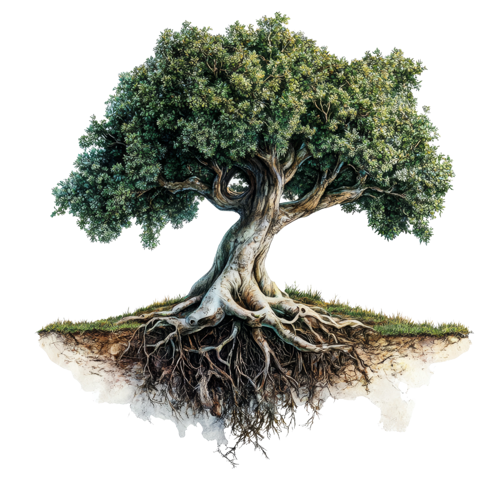 The majestic tree stands tall, featuring a thick trunk and extensive roots, pea isolated on transparent background png