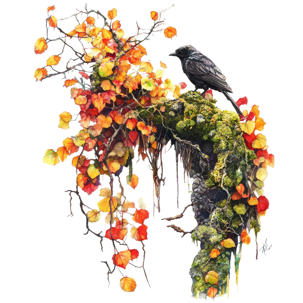 A black bird perched on a mossy branch surrounded by vibrant fall foliage on a transparent background, Fall foliage drapes a mossy perch transparent background png