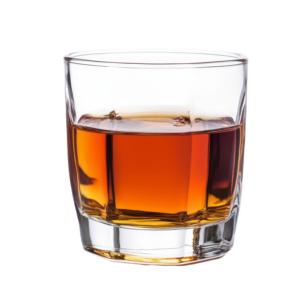 A closeup of whiskey in a clear glass on a transparent background, highlighting its rich amber color and smooth texture, whiskey in glass on transparent background png
