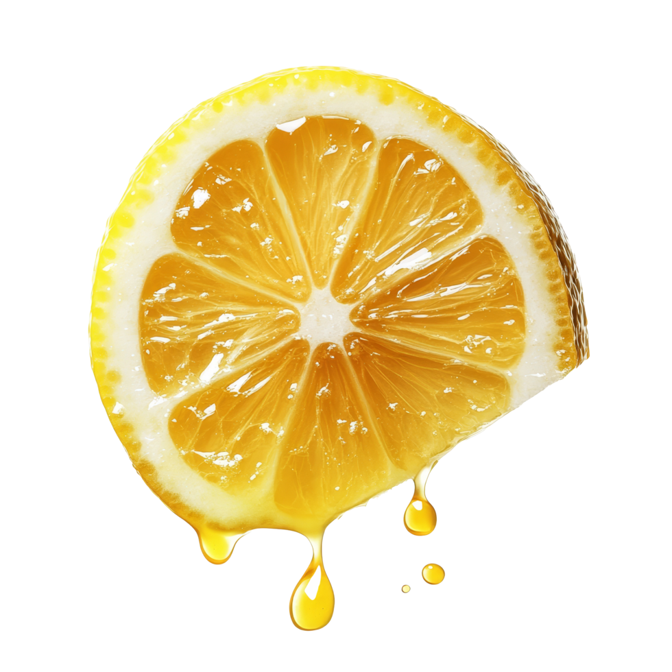 Juicy lemon slice with fresh juice dripping onto a clean transparent background in bright natural light, lemon slice with juice dripping on transparent background png