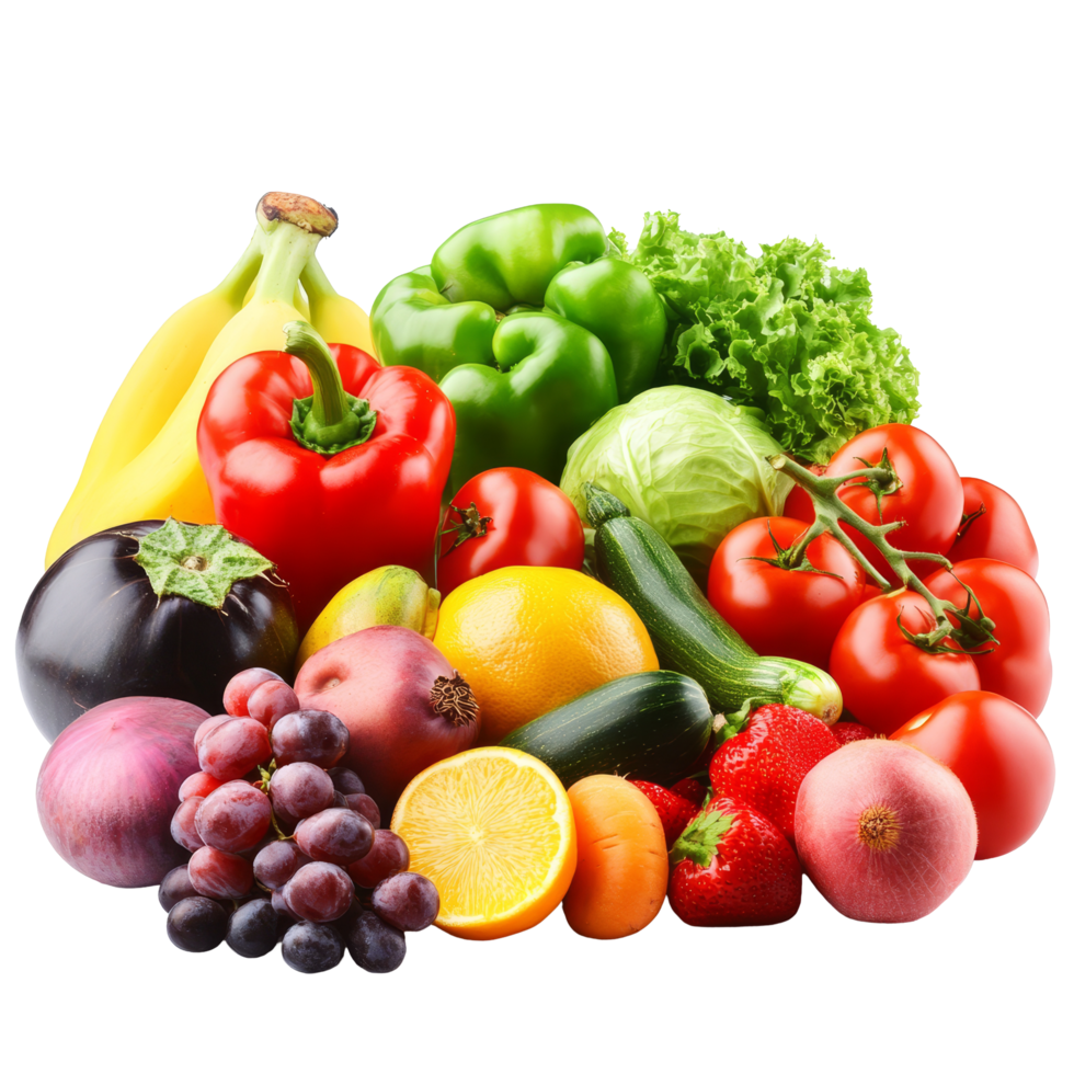 Colorful assortment of fresh fruits and vegetables arranged neatly on a transparent background, Mixed of different fruits and vegetable isolated on transparent background png