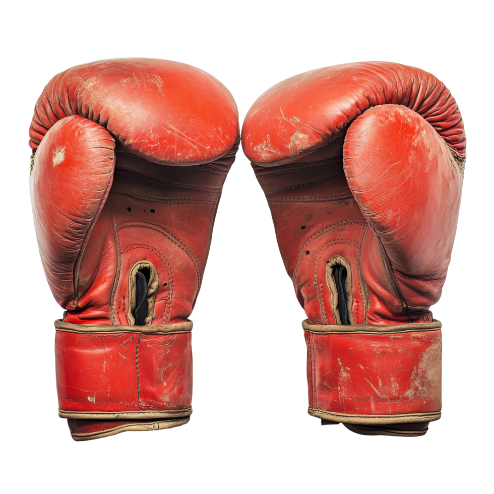 Boxing gloves resting on a clean transparent background, showcasing their worn leather texture and design, Boxing gloves on transparent background cutouts png