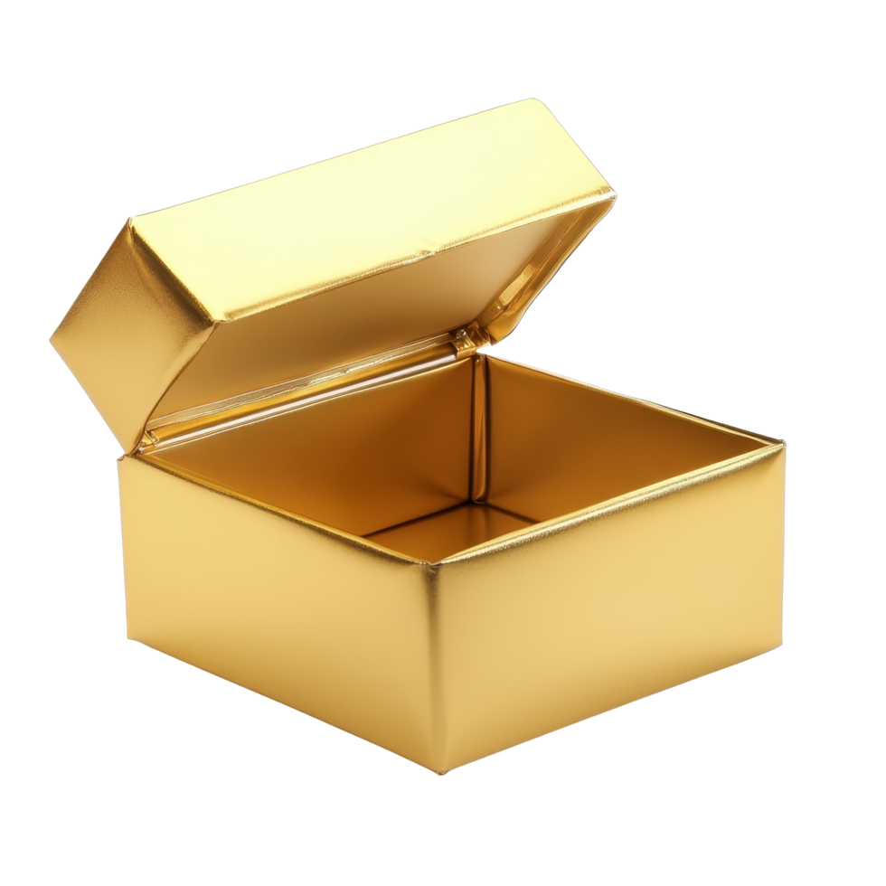 Elegant gold open gift box isolated on a transparent background ready for special surprises and festive celebrations, Gold open gift box isolated png