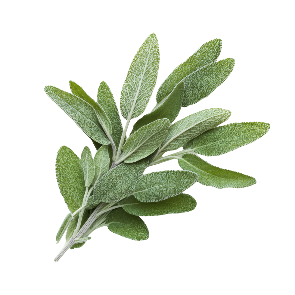 Fresh sage herb twig showcasing vibrant green leaves isolated against a clean transparent background for culinary use, sage herb twig isolated on transparent background png