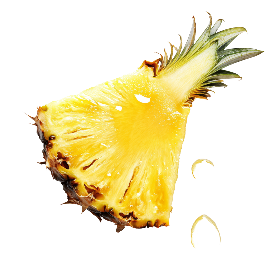 Freshly sliced pineapple wedge with water droplets isolated on a transparent background, perfect for culinary designs, Slice pineapple with drop of water isolated transparent background png
