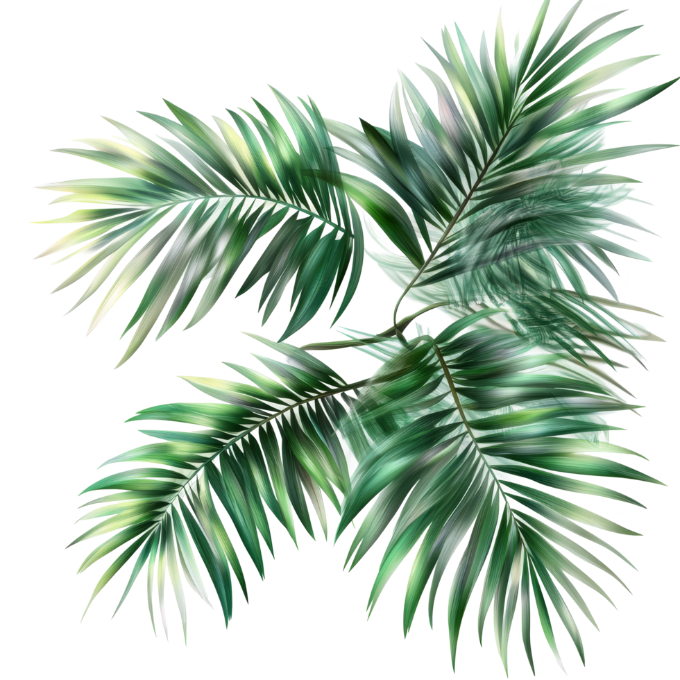 Vibrant green palm tree leaves isolated on a transparent background for tropical decor or design projects, Green leaves of palm tree isolated on tranaparent background isolated on transparent png