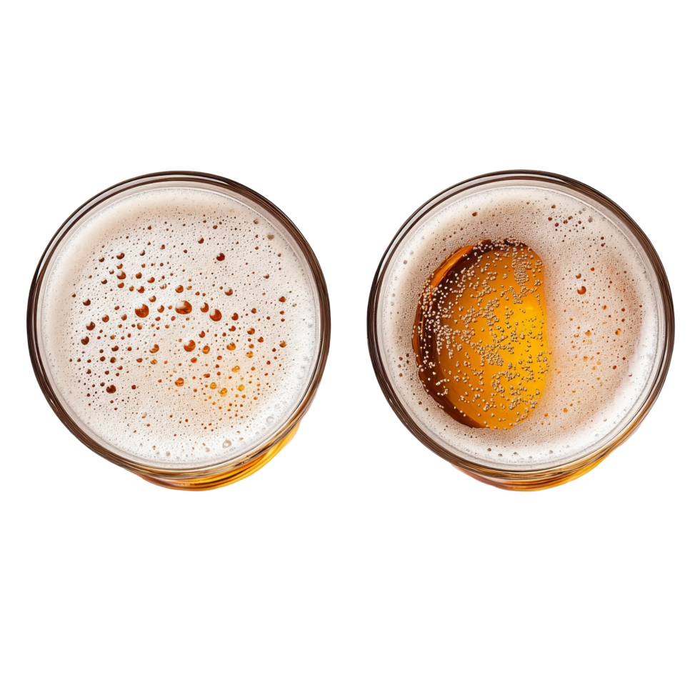 Enjoying a frothy glass of beer from a top and side view, showcasing bubbles and golden liquid, Glass of Beer, Top View and Side View, Frothy Beverage, Isolated on transparent background Background png