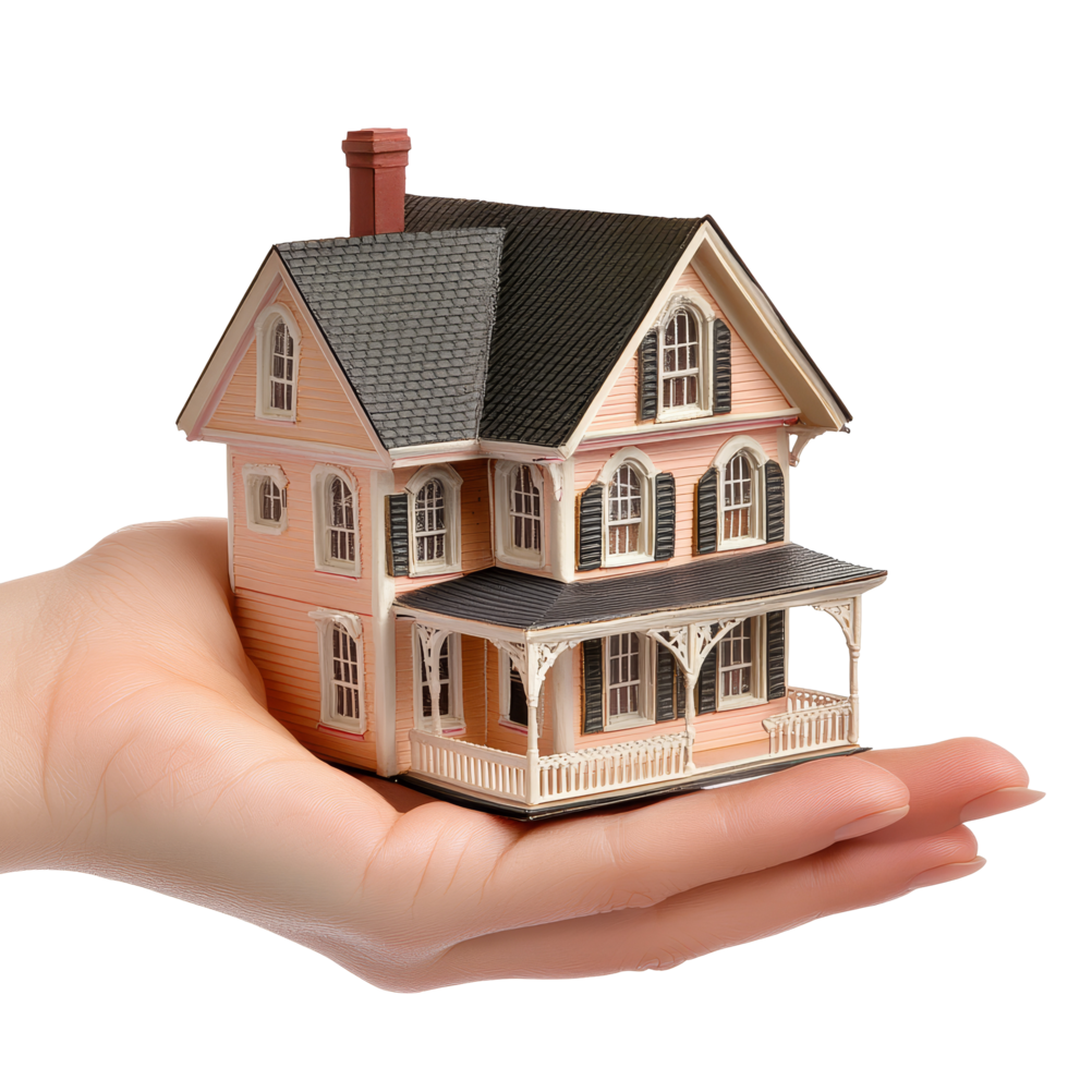 Hand holding a model house showcasing architecture and design concepts for housing ideas, file no background Hand holding a model house png