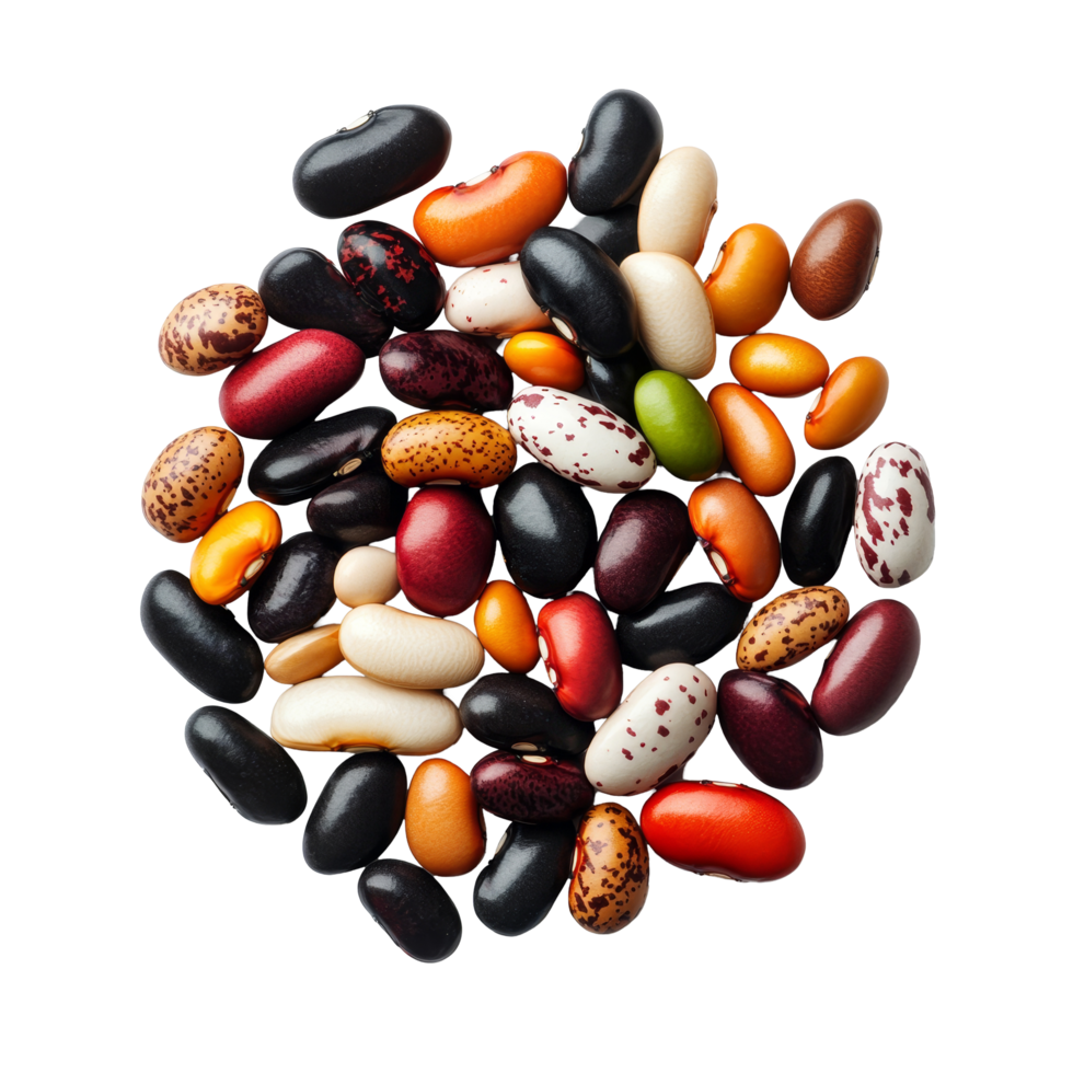 A diverse assortment of colorful beans placed on a transparent background for culinary inspiration, roasted coffee beans top view on transparent background png