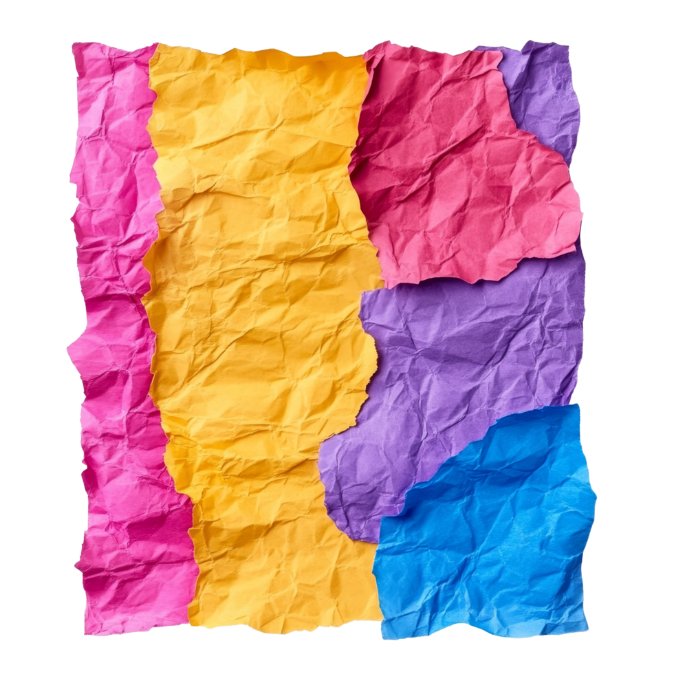 Colorful crumpled paper pieces on a transparent background for creative projects and crafts, Blank colored paper sheet on transparent backgroundfile. png