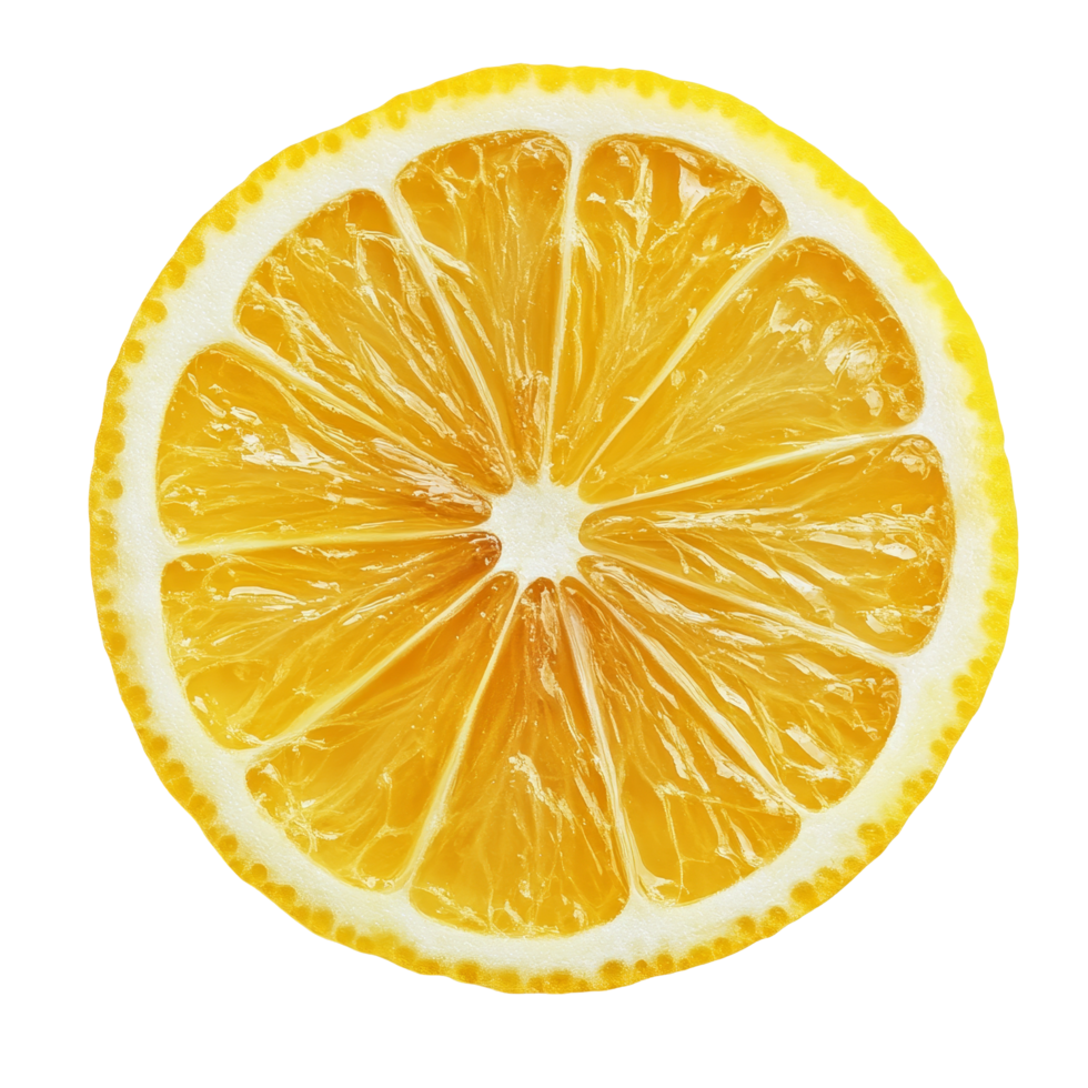 Fresh lemon slice isolated against a clean transparent background showcasing vibrant yellow color and juicy texture, lemon slice isolated on transparent background background png