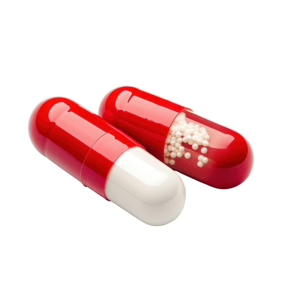 Colorful red and white capsules filled with small beads isolated on a clean Transparent background, pills capsules isolated on background png