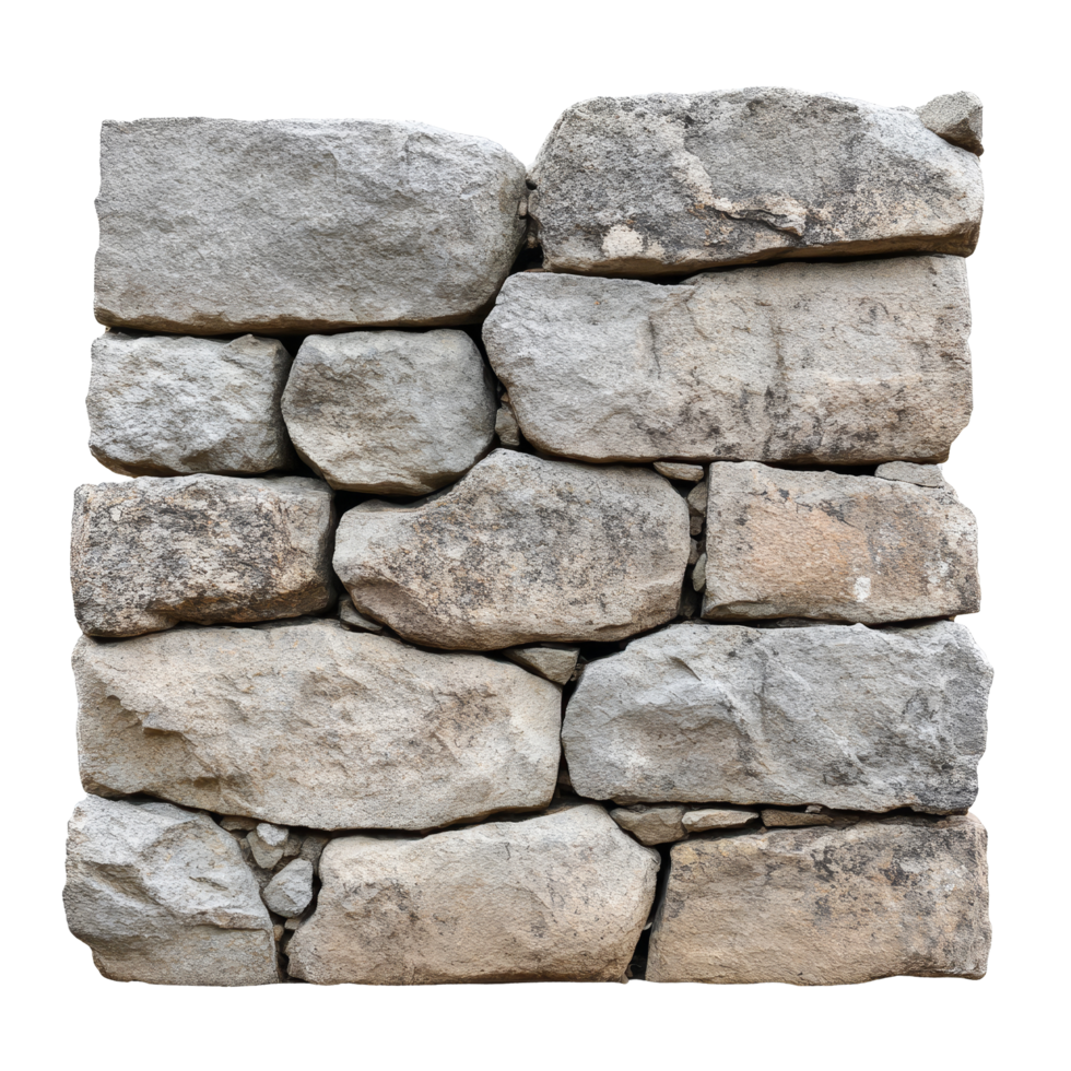 Old stonewall constructed from rough, uneven stones, displayed against a clean transparent background for clarity and focus, old stonewall isolated on transparent background png