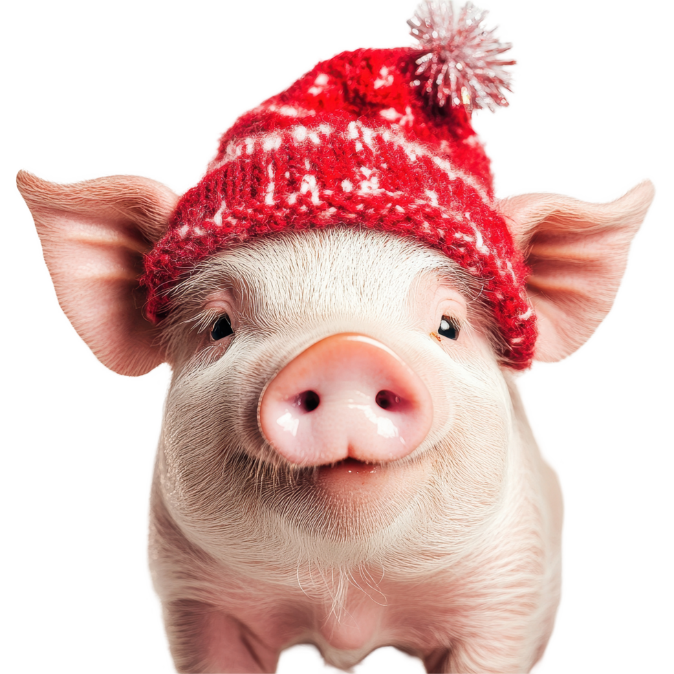 Festive pig wearing a red hat smiles joyfully against a clean Transparent background, Smiling Pig with Festive Hat on background png