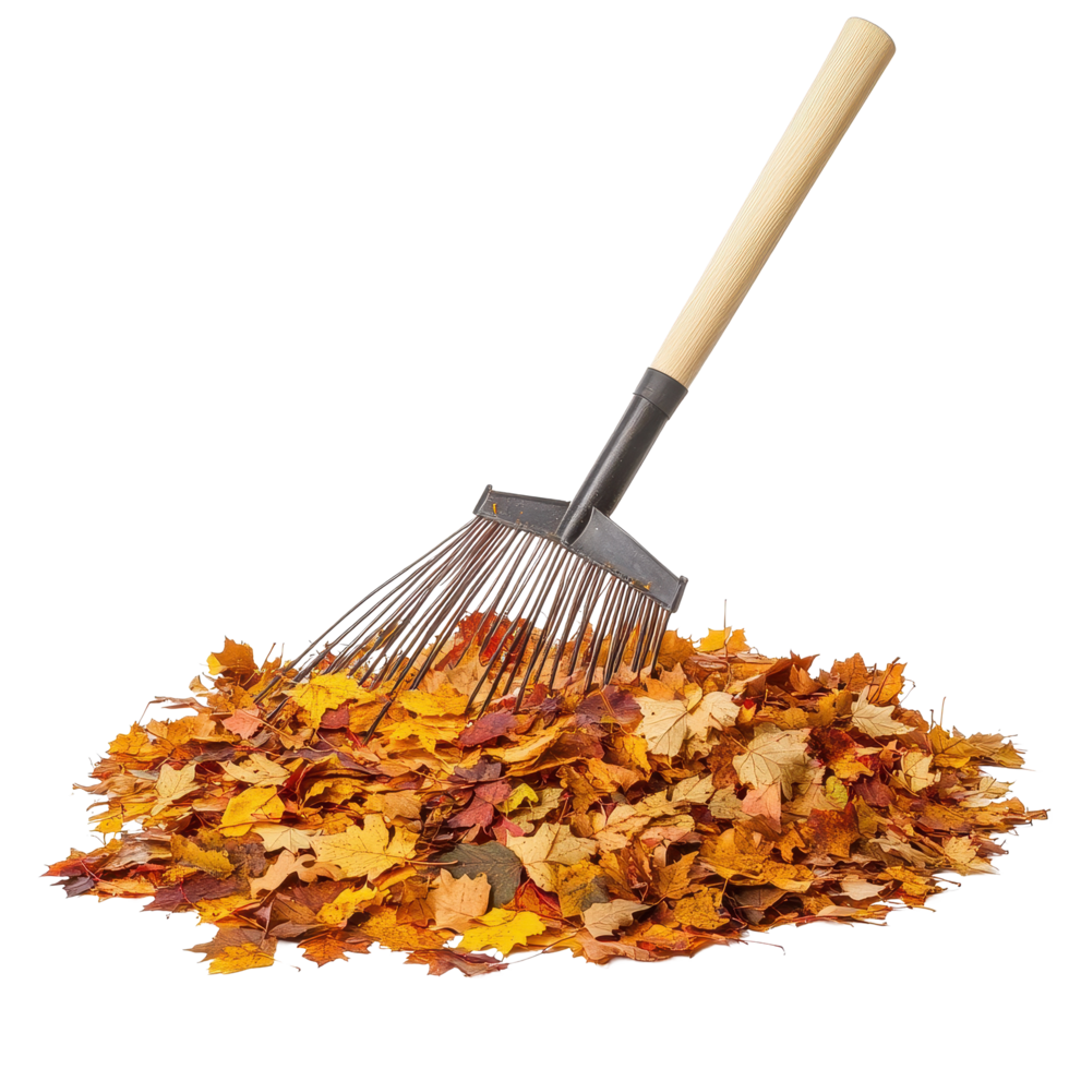 Raking colorful autumn leaves into a neat pile on a bright Transparent background, Raking autumn leaves isolated on background png