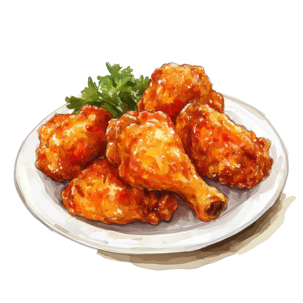 Delicious fried chicken served on a white plate surrounded by fresh greens for a tasty meal experience, Fried chicken in a plateisolated on white background png