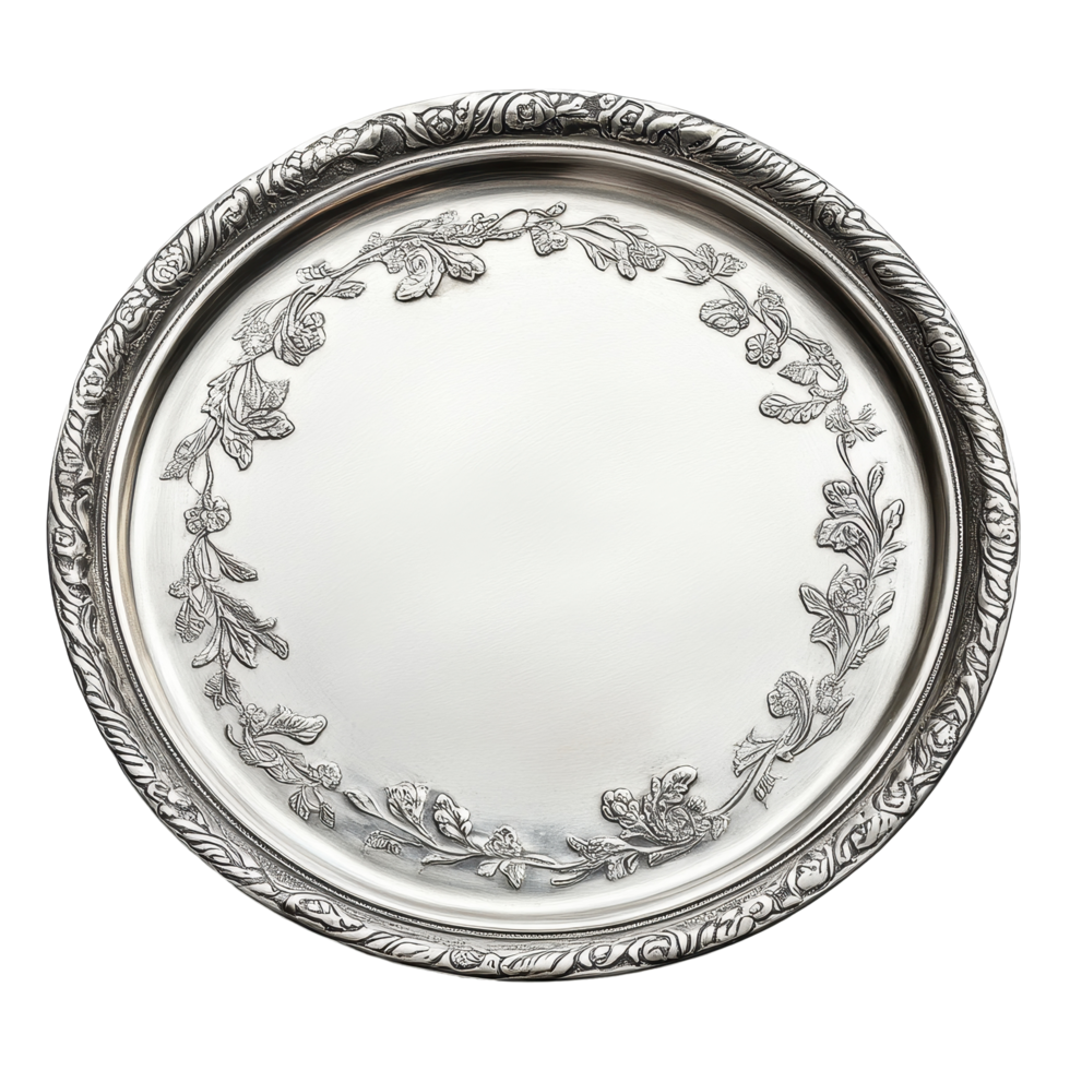 Elegant silver tray with floral design isolated on Transparent background for decorative purposes and serving, silver tray isolated on White background png