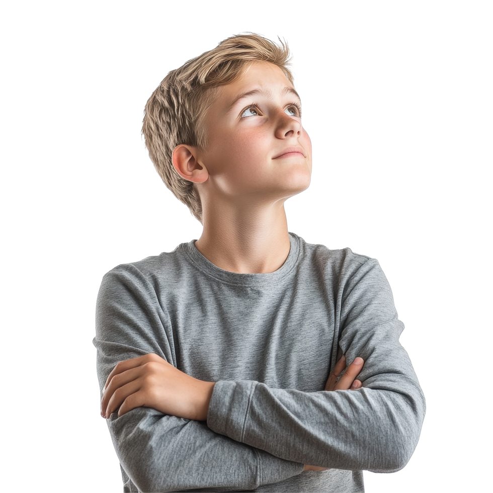 Teen boy contemplating his thoughts while standing alone against a Transparent background, Teen boy thinking isolated on white png