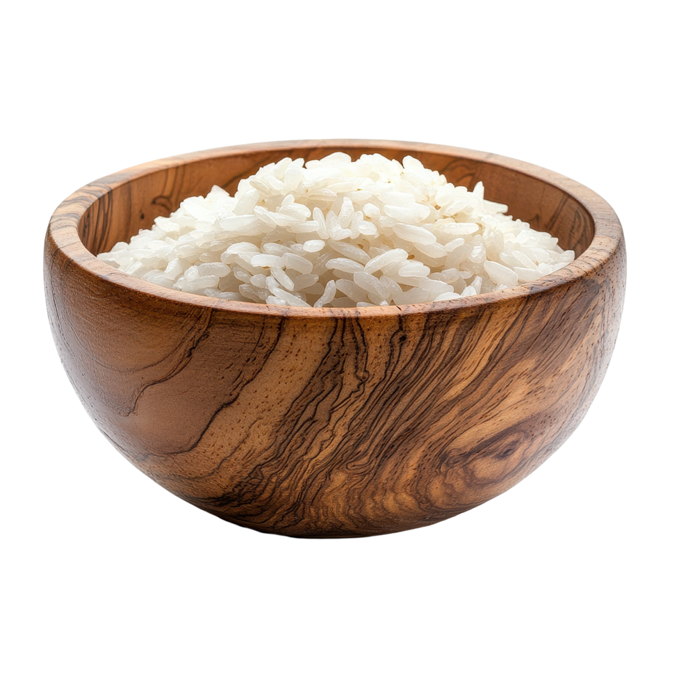 Jasmine rice in a wooden bowl on a Transparent background with natural lighting, Jasmine rice cooker in wood bowlisolated on background png