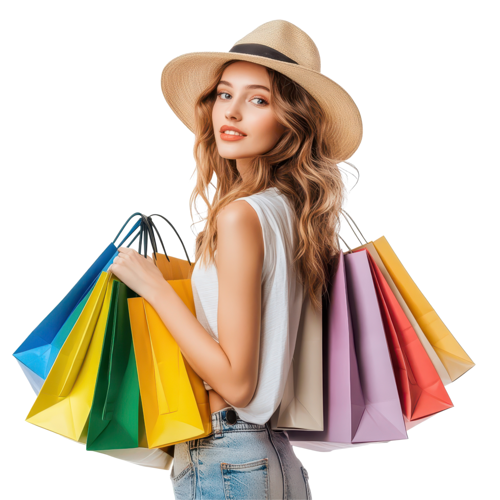 Young woman enjoying a shopping spree with colorful bags against a Transparent background, Young woman with shopping bags isolated on background png