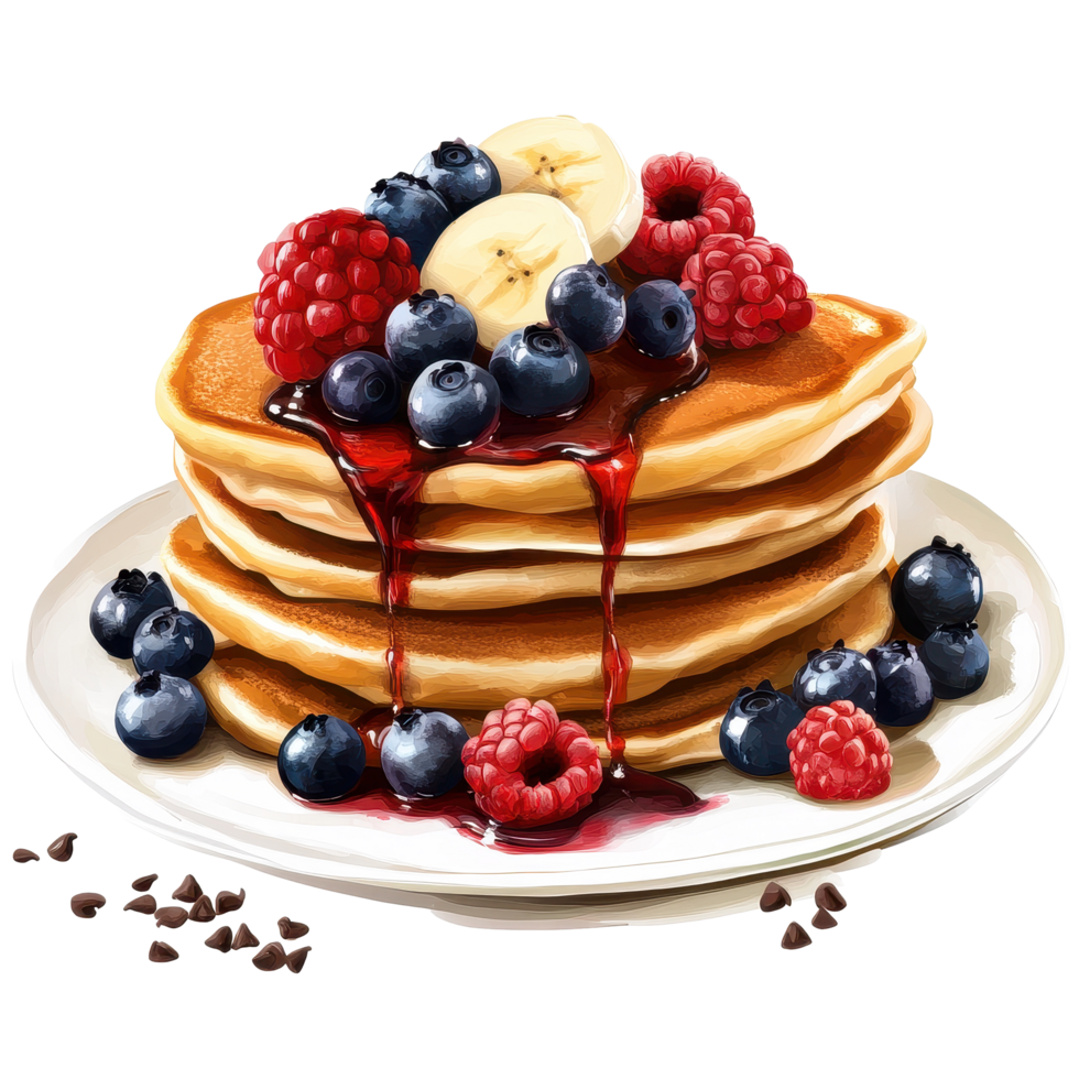 Delicious pancakes stacked high with berries, syrup, and chocolate chips served at breakfast, Pancakes with Berries and Syrup, Chocolate Chips, Blueberries, and Bananas on Transparent background png